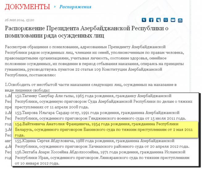 Алиев помиловал белоруса, осужденного за контрабанду оружия