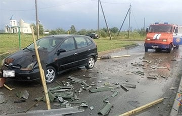Ураган обрушил дерево перед капотом машины под Минском: видеофакт