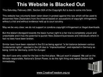 Новозеландцы встретили закон об авторском праве черными сайтами
