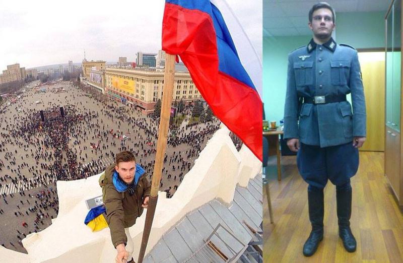 Фотофакт: поднявший триколор в Харькове москвич позирует в нацистской форме