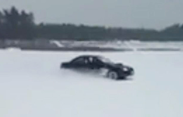 Видеофакт: Дрифт на водоеме под Мозырем – авто ушло под лед
